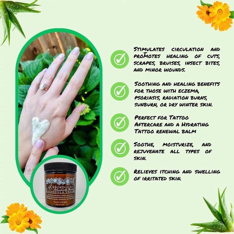 Calendula Cream 9oz Amber Jar Contains Comfrey, Oregon Grape, Aloe, Beeswax. Tattoo Aftercare Kit Essential. Soothing Eczema Salve. Home Grown and Hand Poured Since 1984 Arbordoun Ingredients Insert