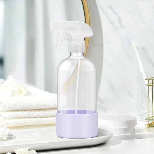 Rionisor Glass Spray Bottles with Silicone Sleeve Protection, Empty 16 oz Refillable Containers, Reusable Spray Bottles with Adjustable Nozzle for Hair, Cleaning Solutions, 3 Pack Grey&Blue&Purple