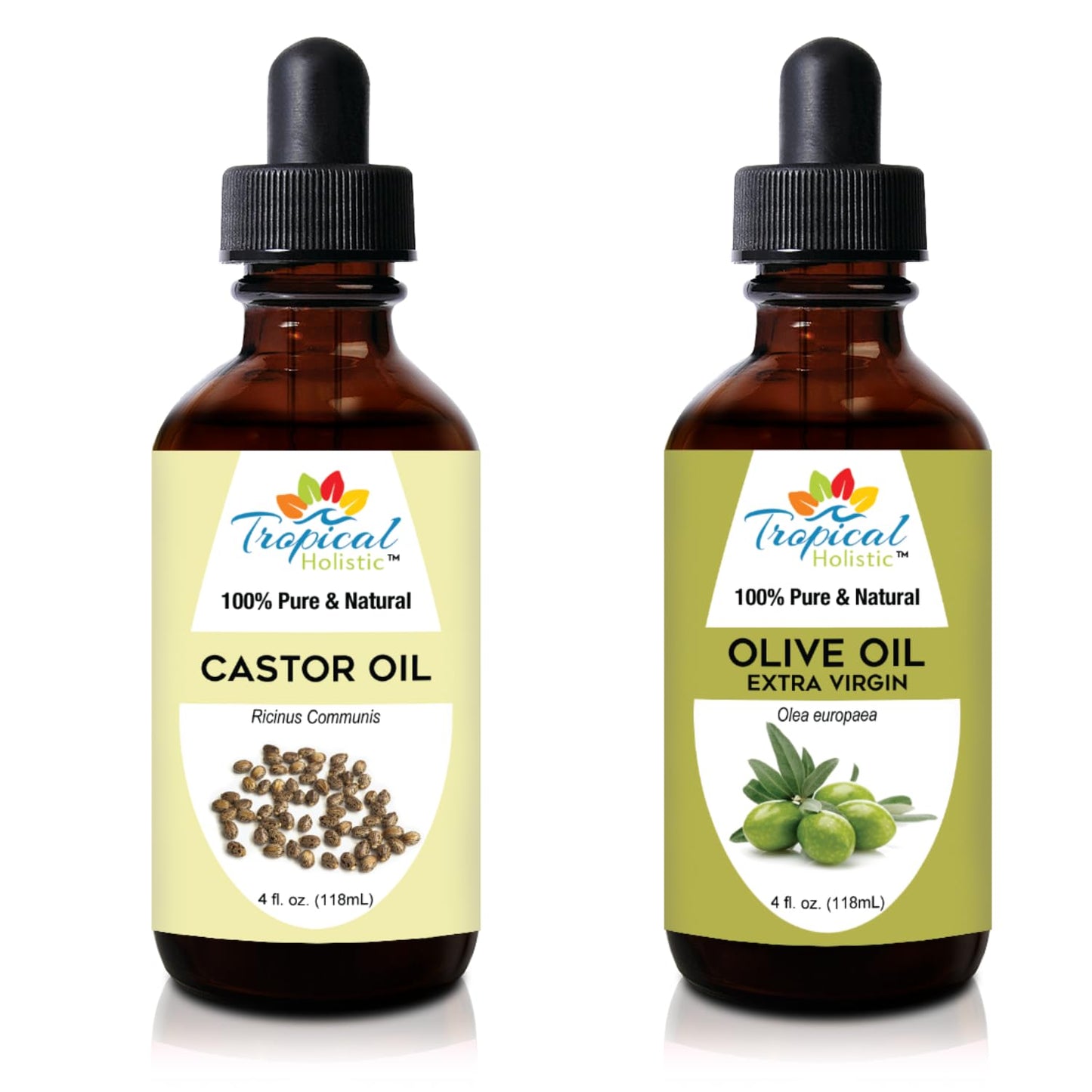 Tropical Holistic Olive Oil and Castor Oil Combo Set- Organic Carrier Mixing Oil for Skin, Hair for Dry Hair & Skin Moisturizer, 4oz