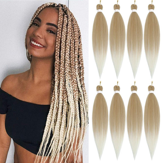 Pre Stretched Braiding Hair 26 Inch Two Tone Ombre Brown Blonde Braiding Hair 8 Packs Long Hair Extensions for Braiding Twist Braids Hot Water Setting Yaki Straight Synthetic Hair for Women