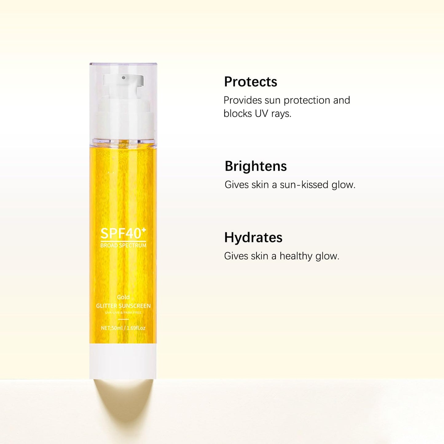 Body Glow Shimmering Gel with SPF 40+ Glitter Effect & Broad Spectrum Protection, Lightweight Glow Body Oil Non-Sticky Formula, Quick Absorbing for Face & Body, Vegan (Gold)