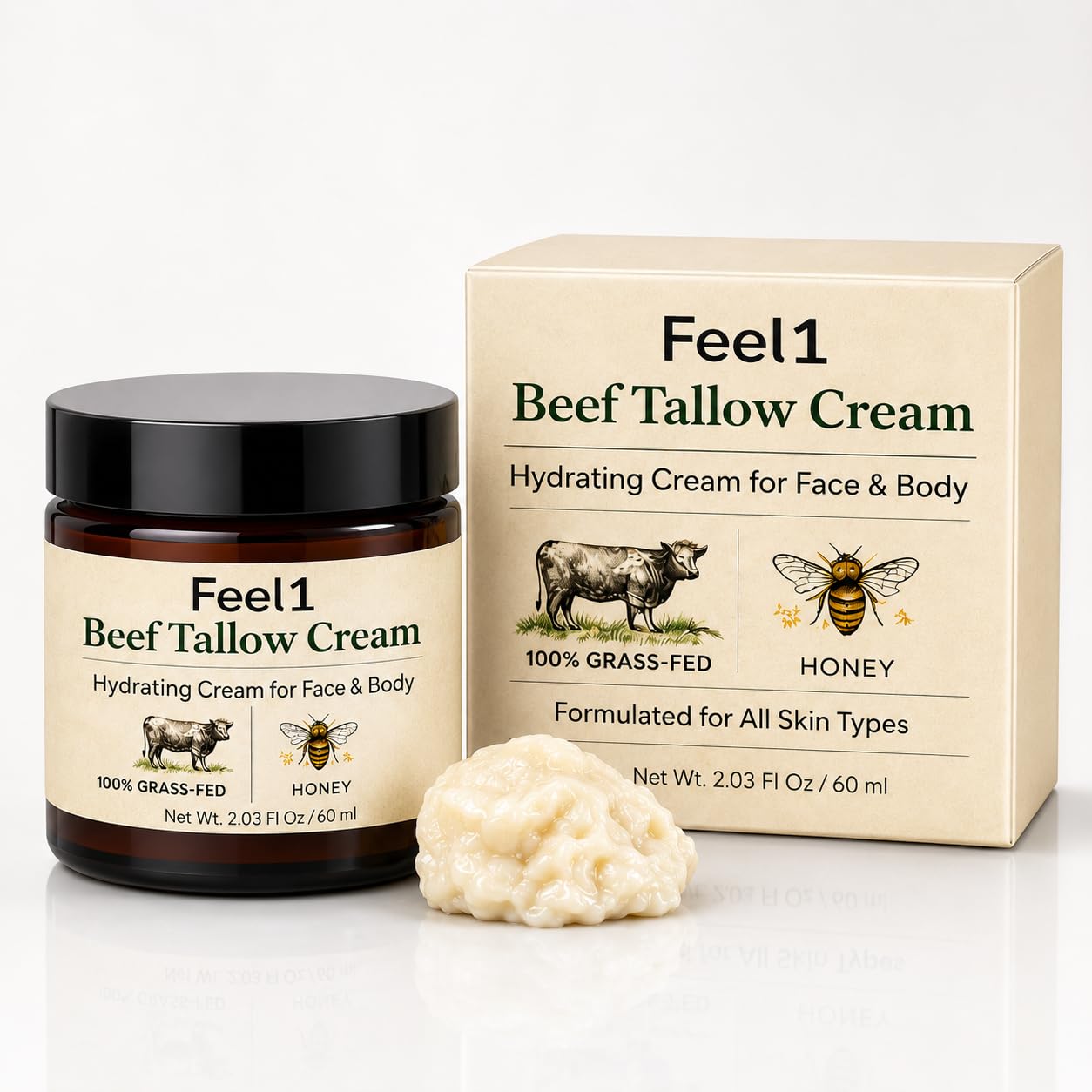 Feel1 Beef Tallow Cream for Men, with Jojoba Oil, Shea Butter & Honey, Nourishing Skin Barrier Support for Face & Skin, Lightweight Non-Greasy Daily Care, 2 Fl Oz