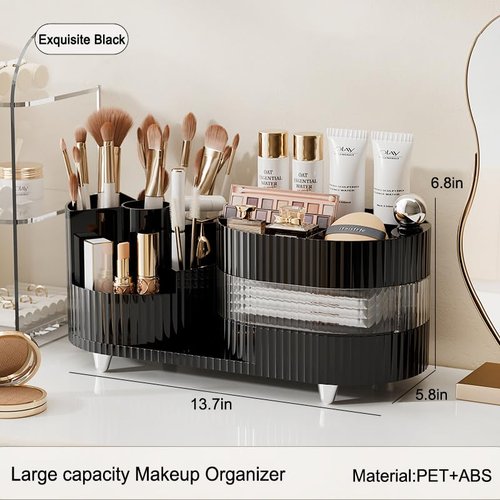 Rotating Makeup Organizer for Vanity with Brush Holder and Drawer, 3 Layer Cosmetic Makeup Storage, Large Makeup Skincare Organizer, Countertop Makeup Perfume Organizer, Lotions Display Case (Brown)