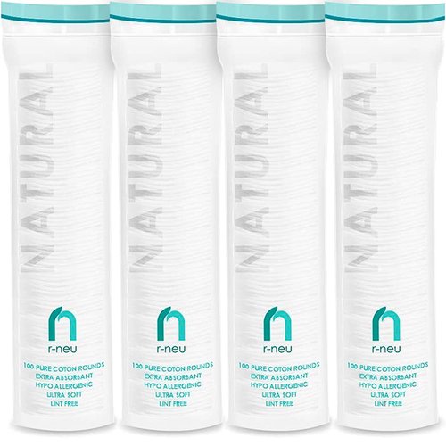 R-Neu Premium [Turkish] Cotton Rounds, 400 Count, Stitched, Waffle Textured, 100% Pure & Natural Cotton Pads for Face, Hypoallergenic Makeup Remover (4 Pack of 100)