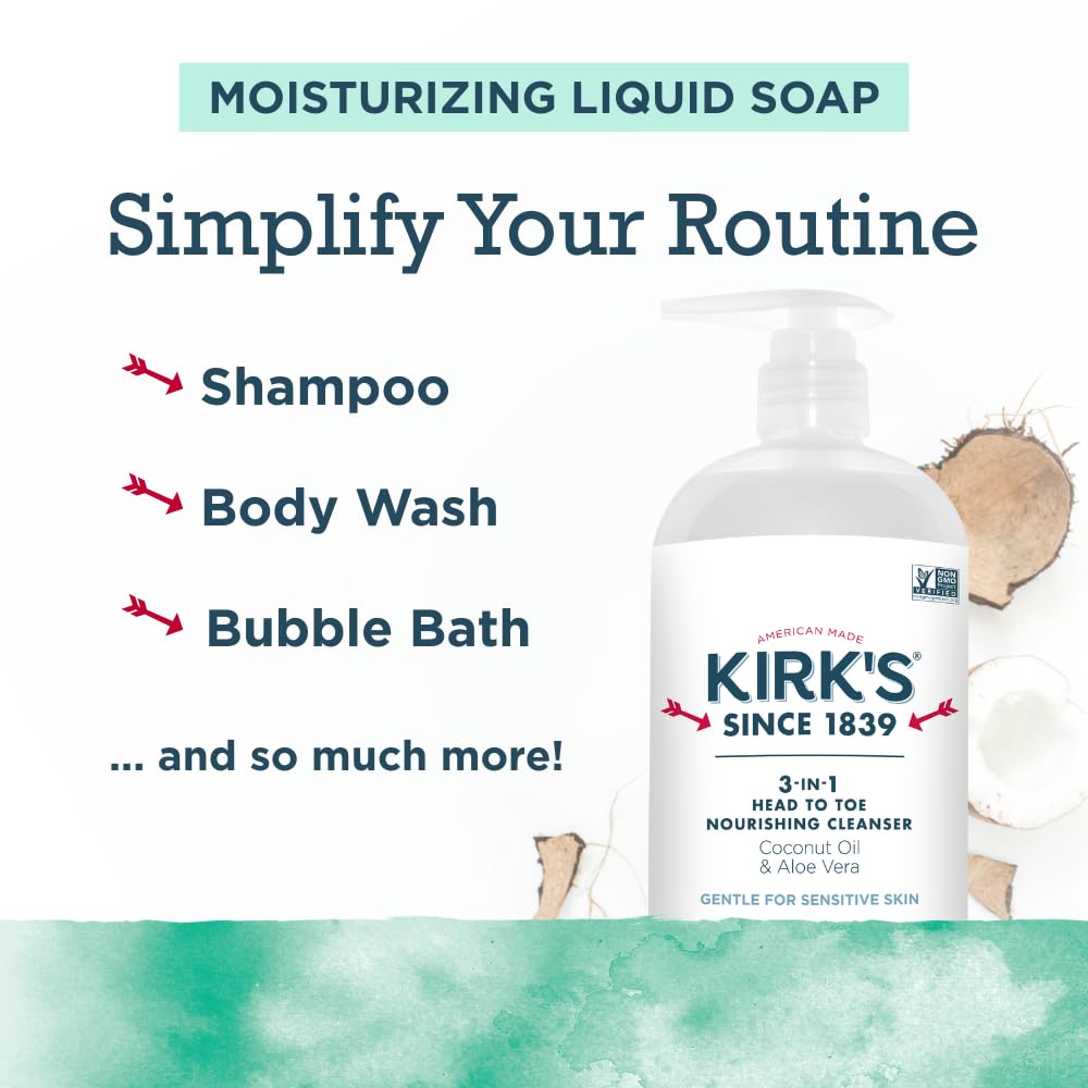 Kirk's Mint and Eucalyptus 3-in-1 Nourishing Cleanser, Shampoo Body Wash Bubble Bath, Coconut Oil and Aloe Vera, Vegan Non-GMO, 32 Fl Oz, Pack of 2