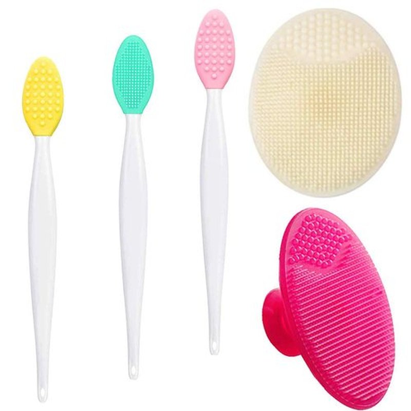 5 Pcs Mini Exfoliating Brush Set - 2 Pcs Silicone Facial Cleansing Brush and 3 Pcs Lip Scrub Brush