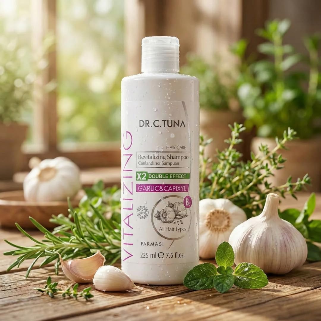 FARMASi Dr. C. Tuna Vitalizing Garlic Shampoo, Nourishing & Strengthening Formula with Garlic Extract and Capixyl, Helps Refresh Scalp & Support Fuller-Looking Hair, 7.6 fl oz