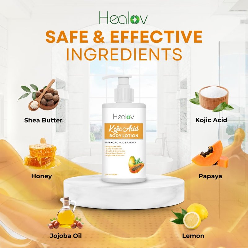 Kojic Acid Lotion - Skin Brightening Body Lotion for Dark Spots, Hyperpigmentation | Reduces Acne & Scars, Even Skin Tone