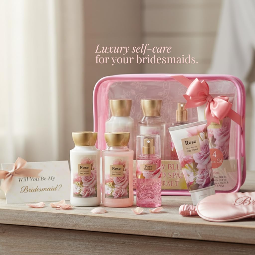 Rose Bath and Body Gift Set for Mom, 4-Piece Set Collection, Shower Gel, Body Lotion, Body Mist, Exfoliating Scrub, Personal Body Care Travel Set, Gifts for Her, Bridesmaid Gifts