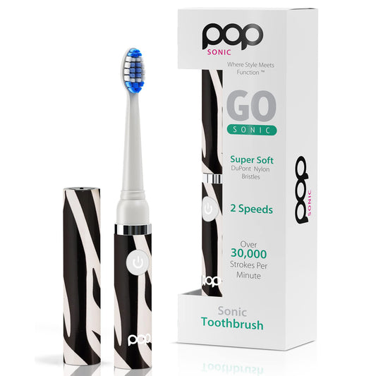 Pop Sonic Electric Toothbrush (Zebra) - Travel Toothbrushes w/AAA Battery | Kids Electric Toothbrushes with 2 Speed & 15,000-30,000 Strokes/Minute, Dupont Nylon Bristles