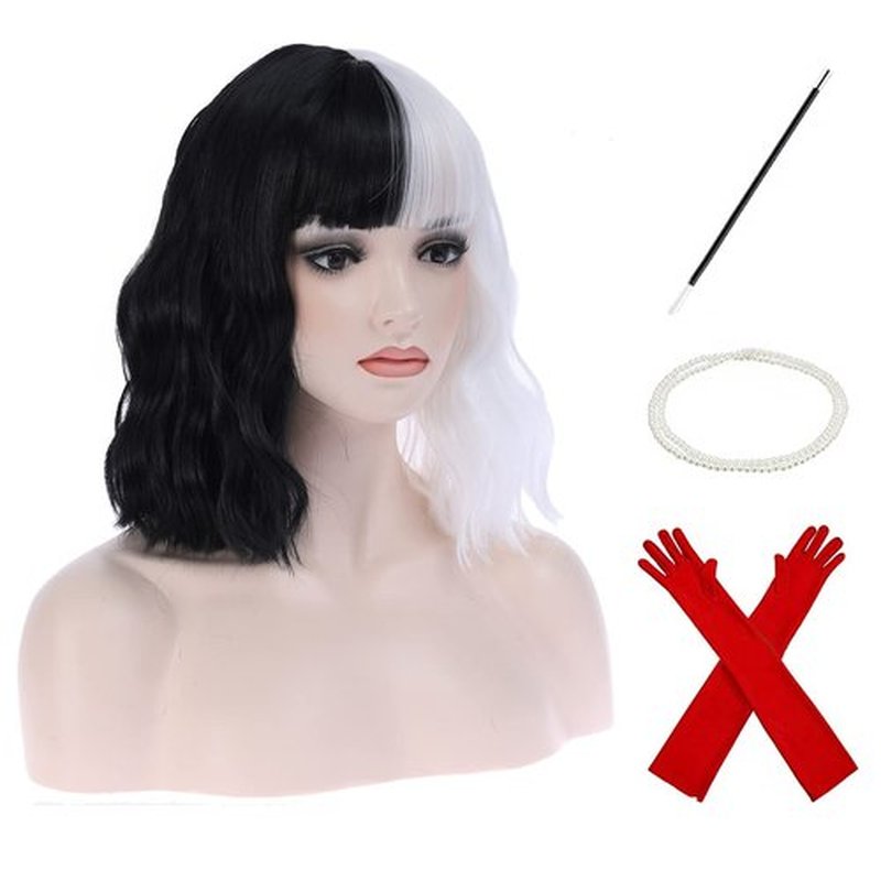 BERON Black and White Short Wigs Curly Bob Wig with Bangs Wavy Hair Wigs Half and Half Women's Synthetic Wigs Daily Party Use