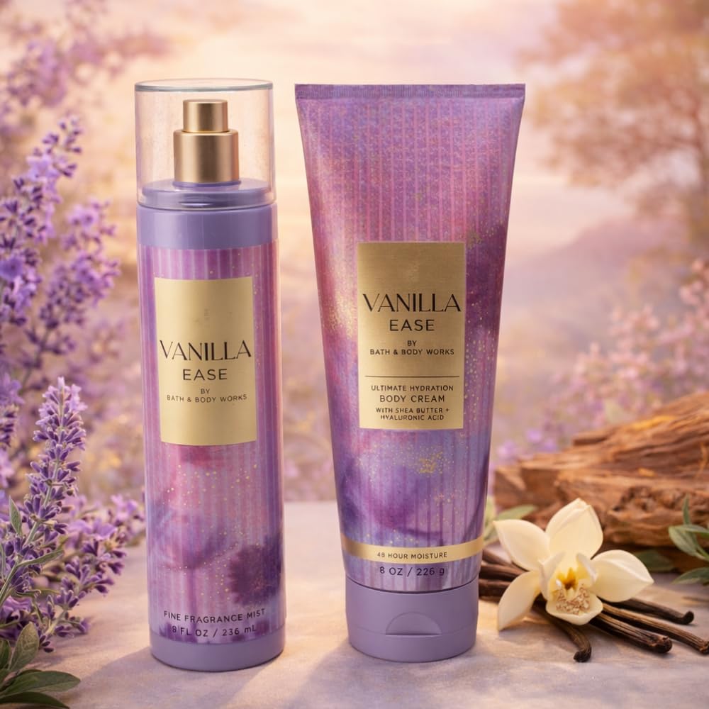 Bath & Body Works VANILLA EASE Fine Fragrance Mist & Ultimate Hydration Body Cream 2-piece Gift Set with a Purple Bow for Gifts & Holidays – Full Size