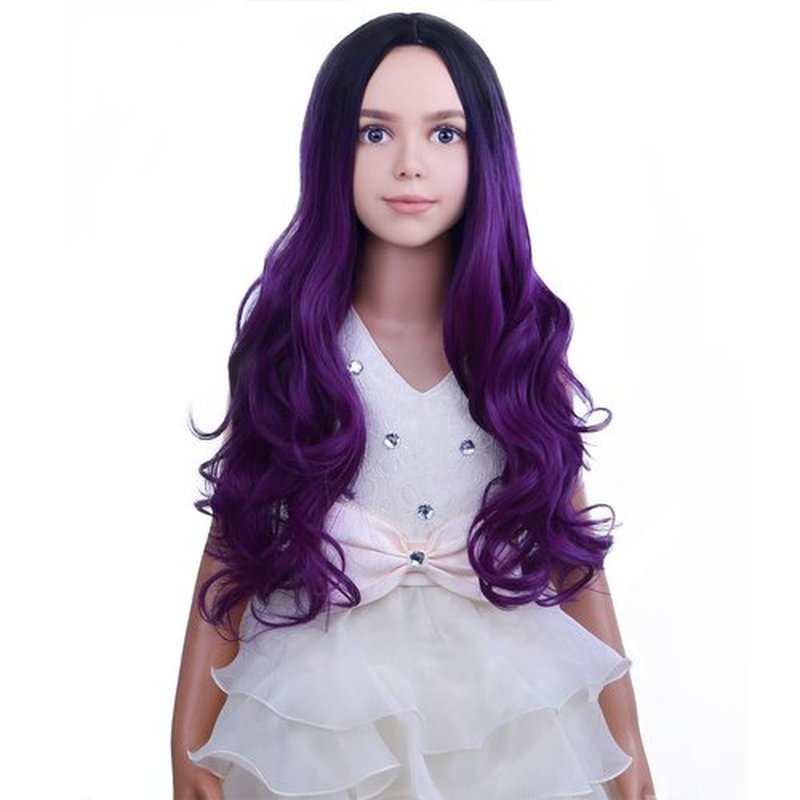 PATTNIUM Dark Purple Wig Kids Child Wig Long Curly Wavy Wig Ombre Purple Wig Middle Part Girls Wig Black to Purple Wigs Heat Resistant Synthetic Hair Wig with Wig Cap