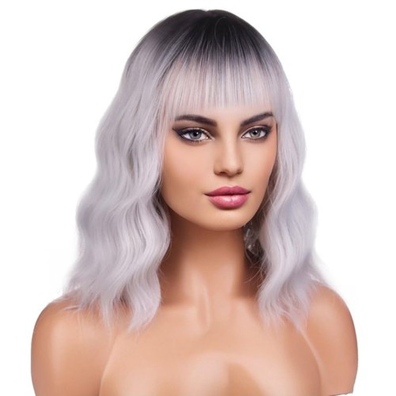 BERON 14 Inches Silver Wig for Women Silver Gray Wig Short Curly Synthetic Wig with Bangs Ombre Grey Wigs with Wig Cap
