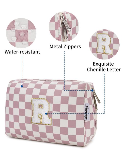 Narwey Personalized Initial Makeup Bag Toiletry Bag Gifts for Women Girls Large Checkered Makeup Bag Zipper Pouch Travel Cosmetic Bag Organizer for Women (Dusty Rose Checkerboard Letter R)
