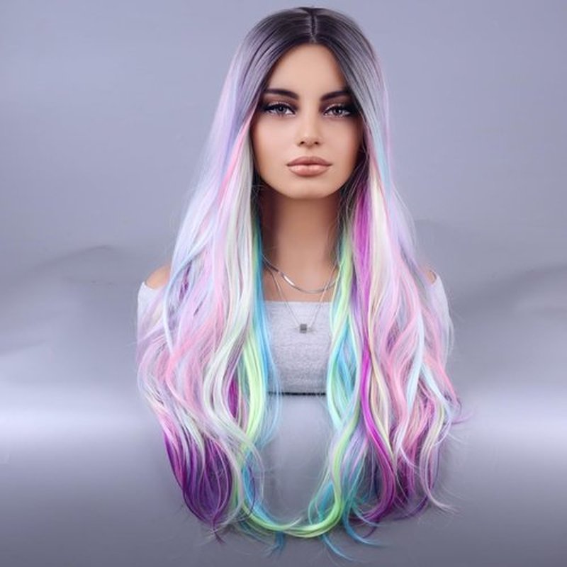 MAGQOO Rainbow Wig for Women Ombre Rainbow Wig Long Curly Wavy Multicolor Colorful Wigs Dark Roots Two Tones Synthetic Heat Resistant