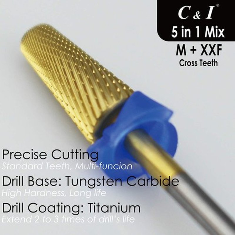 C & I 5 in 1 Nail Drill Bit, Mixed Sizes Edition, Cross Teeth, 2 Way, Professional Multi-function Nail Drills for Electric Manicure Drill Machine, Shank 3/32” (Mix, M & XXF)