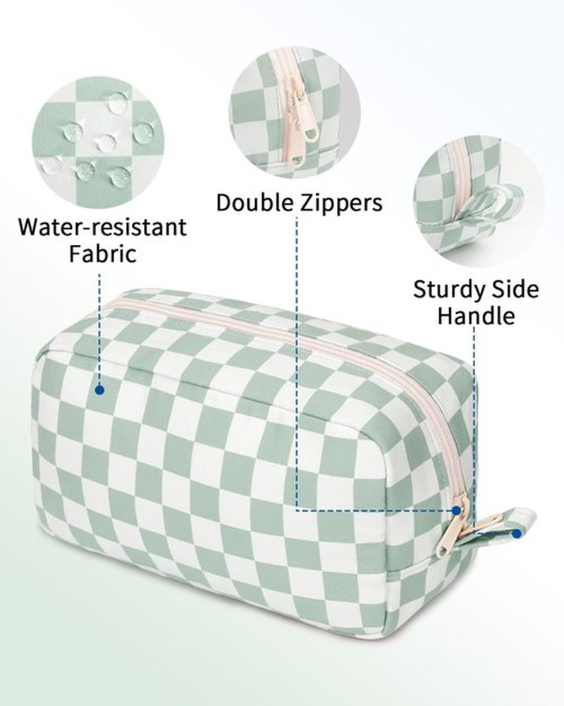 Narwey Checkered Makeup Bag Travel Cosmetic Bag Organizer Small Toiletry Bag Make Up Bags with Organized Pockets for Women (Mint Green Checkerboard, Large)
