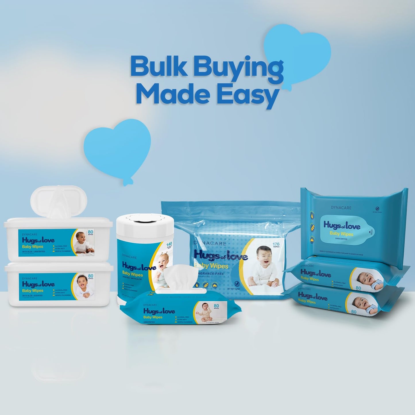 Dynarex DynaCare Hugs of Love Baby Wipes - Unscented - Alcohol-Free Wipes with Aloe & Lanolin, Safe for Sensitive Skin - 80 Wipes per Flip-Top Soft Pack