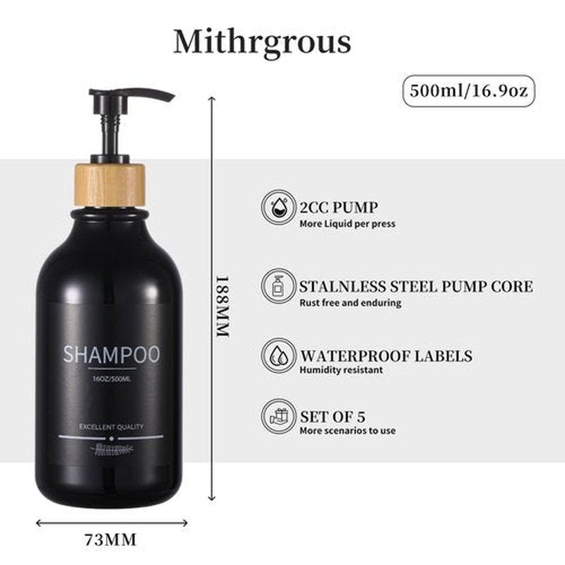 Mithrgrous Shampoo and Conditioner Dispenser Bottles,5Pack Shampoo Bottles Refillable,16.9oz Refillable Shampoo and Conditioner Bottles,(Black) Bathroom Shampoo Dispenser Set