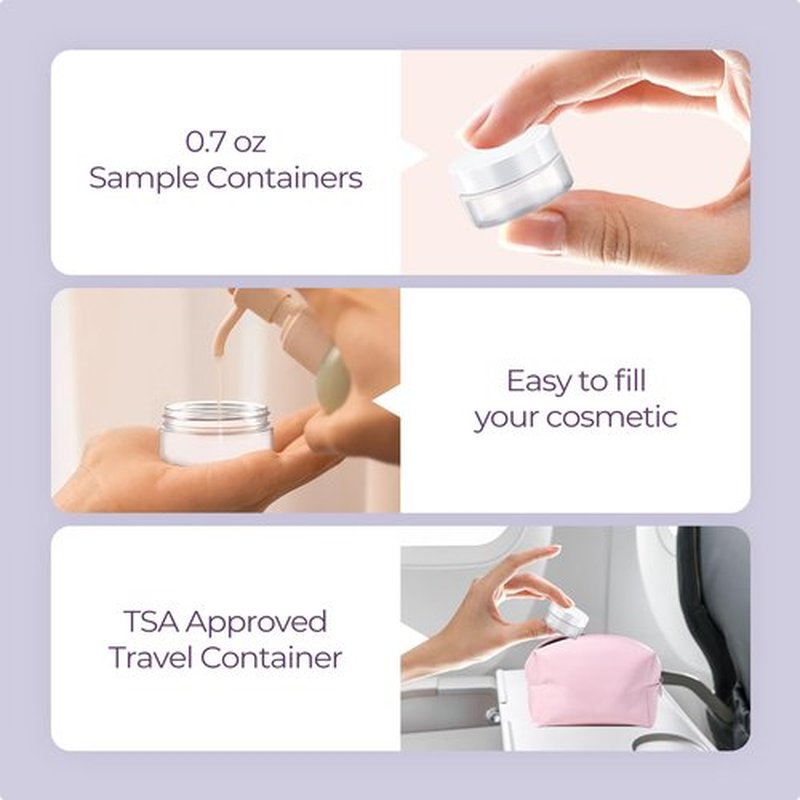 20 ml Sample Containers, Elumeiro 0.7oz Mini Travel Size Containers for Toiletries Small Plastic Cream Jars with White Lid for Cosmetic Glitter Lip Balm, Hand Cream