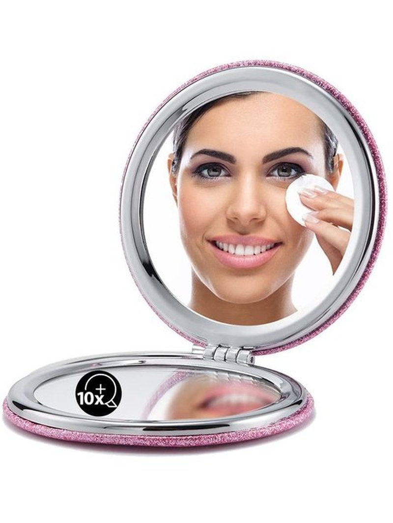 OMIRO 1X/10X(300R) Magnifying Compact Mirror with PU Leather, Ultra-Portable for Purses and Travel, Round Pink
