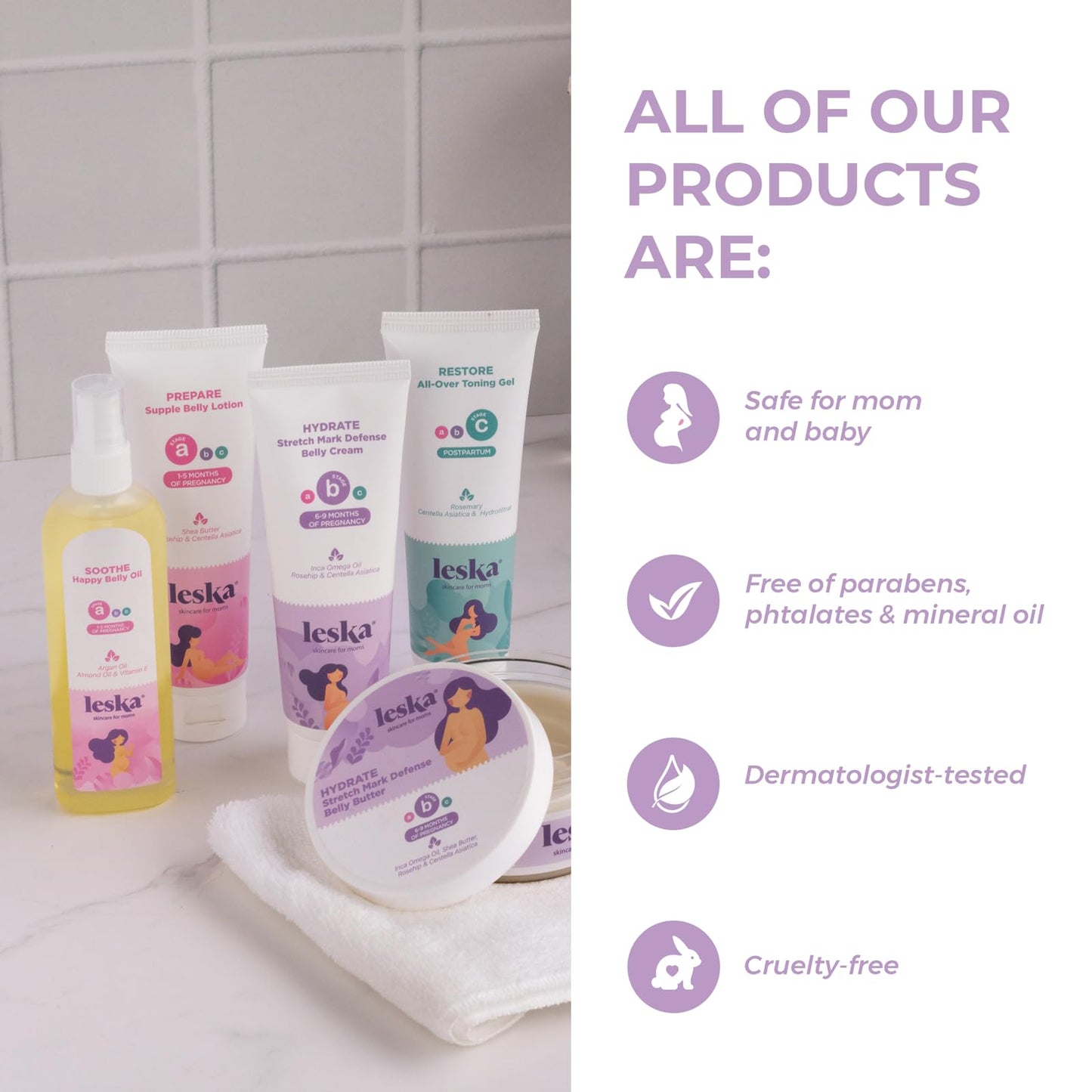 Leska Pregnancy Stages A & B Set | Belly Lotion, Belly Oil, Stretch Mark Defense Cream & Butter | Pregnant Mom Months 1-9 | Part of a Complete 3-Stage Pregnancy Skincare System (Set of 4, 4-4.93oz)