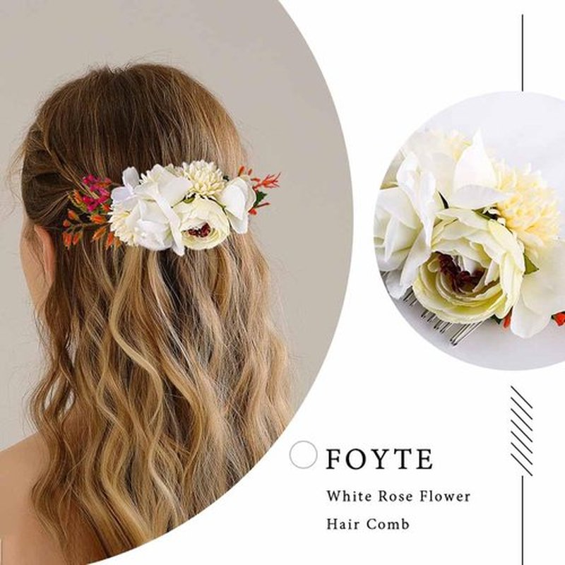 Foyte Flower Bride Wedding Hair Comb White Rose Headpieces Bridal Side Combs Purple Floral Bridesmaid Hair Accessories for Women (White)