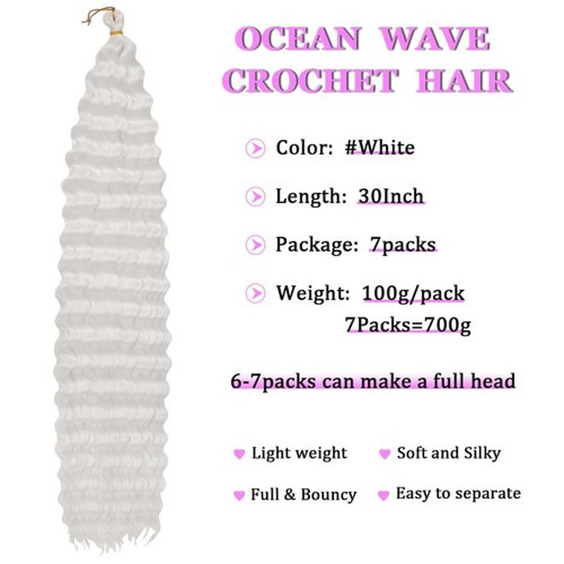 ZRQ 30 Inch Ocean Wave Crochet Hair White 7 Packs Deep Twist Wave Wavy Braiding Hair Synthetic Curly Deep Wave Crochet Hair Extension For Women #White