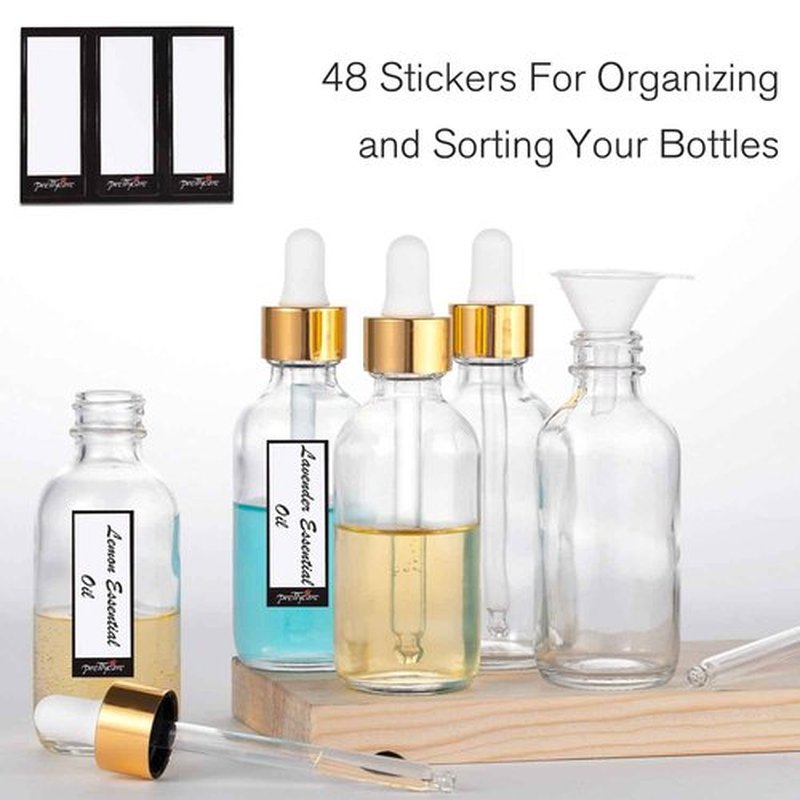 24 Pack 2 Oz Glass Eye Dropper Bottles Clear, 60 ml Empty Tincture Dropper Bottle with droppers, 1 Extra Cap, 2 Plastic Funnels, 2 Pipettes & 48 stickers for DIY Essential Oils, Body Oil, Beauty Oil