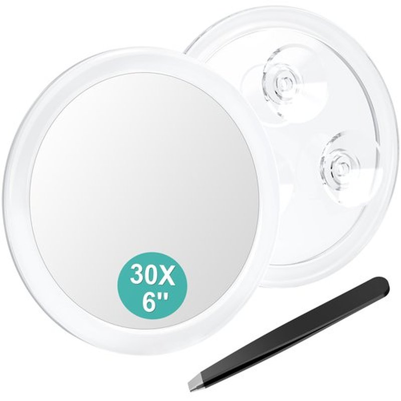 Auxmir 30X Magnifying Mirror with 3 Suction Cups, 6 Inch Portable Makeup Mirror for Travel, Small Compact Mirror with Tweezer for Eyebrows Plucking