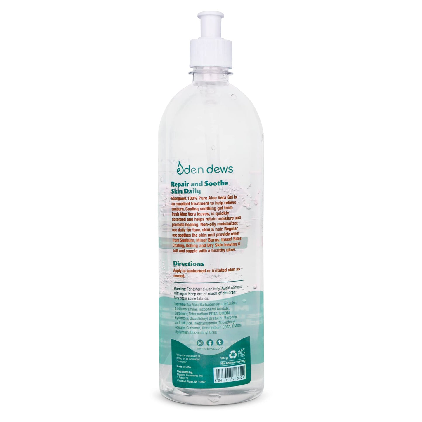Eden Dews Organic Aloe Vera Gel 100% Pure & Natural Gel, Moisturizing, Face Skin & Hair Care, Sun Burn Relief, Hydrating & Soothing for Dry, Razor Bumps, Made in USA, Unscented, 32 oz, 2-Pack
