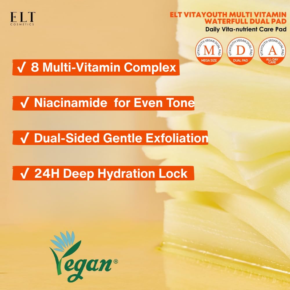 ELT Multi Vitamin Mega Dual Sized Toner Pads - 100% Vegan Certified with Niacinamide for Uneven Skin Tone - Cleansing & Deep Hydrating Dual Sided Toner Pads - Korean Skin Care, 80 Pads, Eltcosmetics