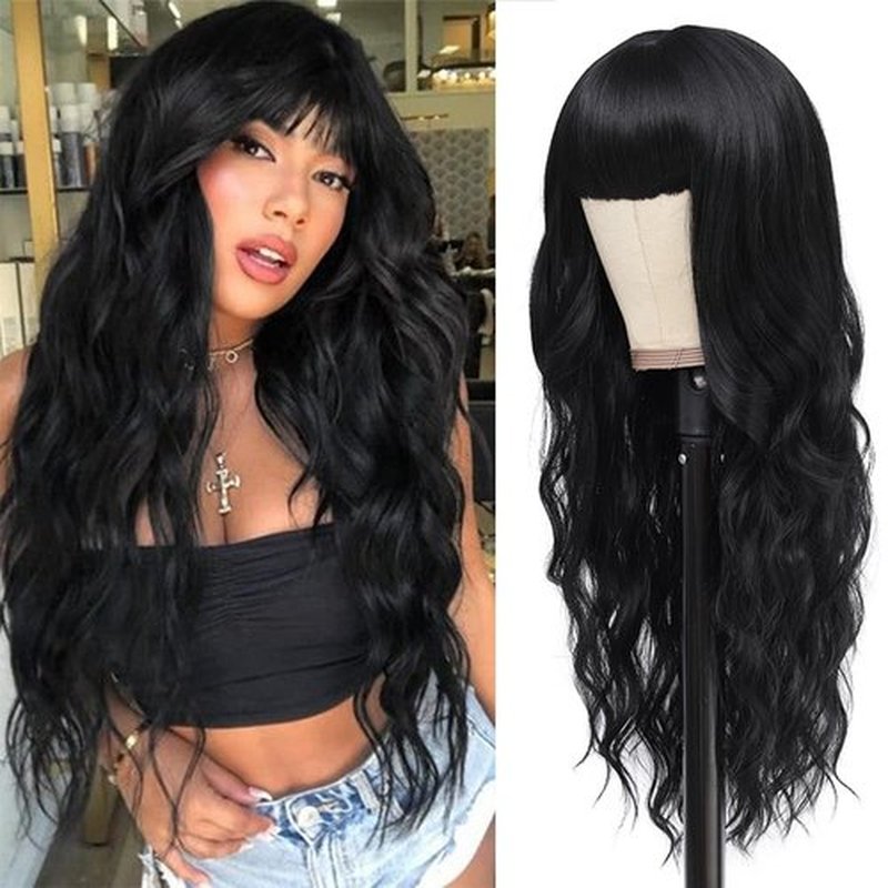 Black Wig with Bangs Long Wavy Black Wigs for Women 26Inch Synthetic Natural Looking Hair Replacement Wig for Daily Party Use Cosplay Costume Halloween Wig