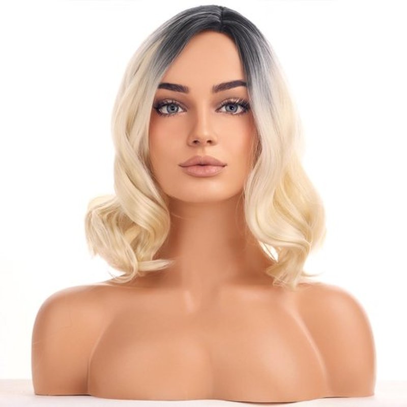 BERON Blonde Ombre Women Wig Girls Short Curly Wavy Hair Wigs Dark Roots Shoulder Length Synthetic Wigs for Daily or Cosplay Used