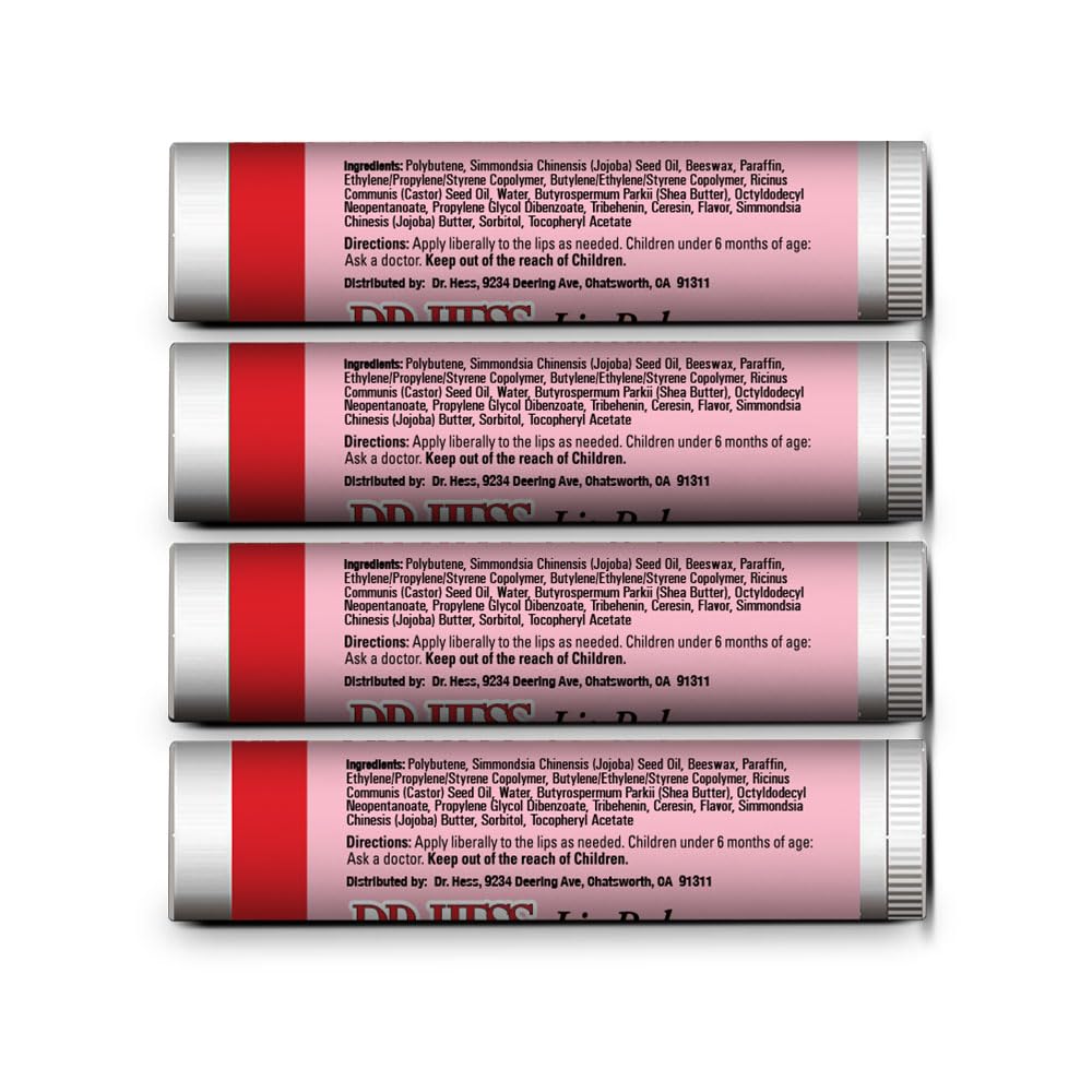 Dr. Hess Original Udder Stick Lip Balm, Soothing Moisturizer Sun Screen Balm for Dry Lips with Jojoba, Beeswax & Shea Butter, Total Lip Care, Hydration & Repair, Strawberry Flavor, 4 Pack