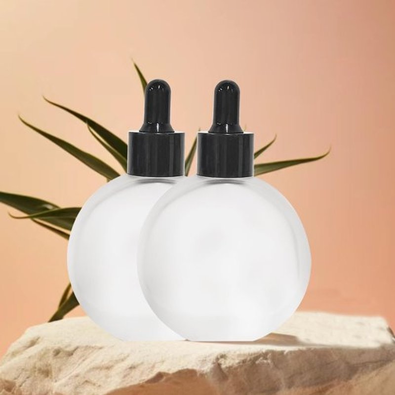 PYAWI 6Pcs, 2 oz Glass Dropper Bottles for Essential Oils ，60ml Frosted Glass Dropper Bottles Flat Round Perfume Bottle， for Essential Oils, Perfumes, Serums - Leakproof for Travel (A- Clear Frosted)