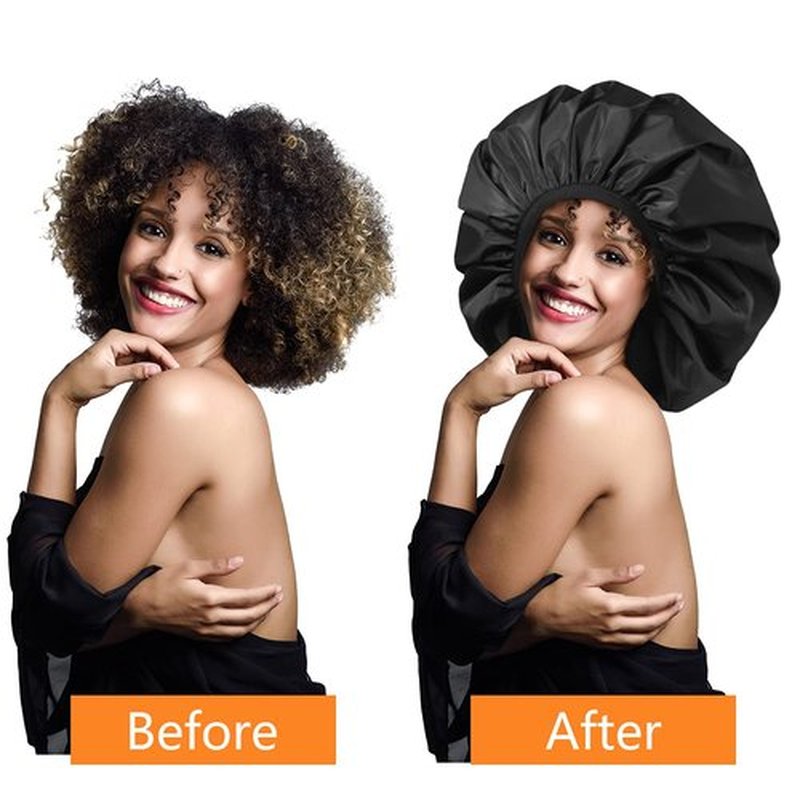 Auban Extra Large Shower Cap, Double-Layer Waterproof Reusable, XL Satin Lining Shower Bonnet for Women Thick, Long Hair, Locs, Braids(Black)