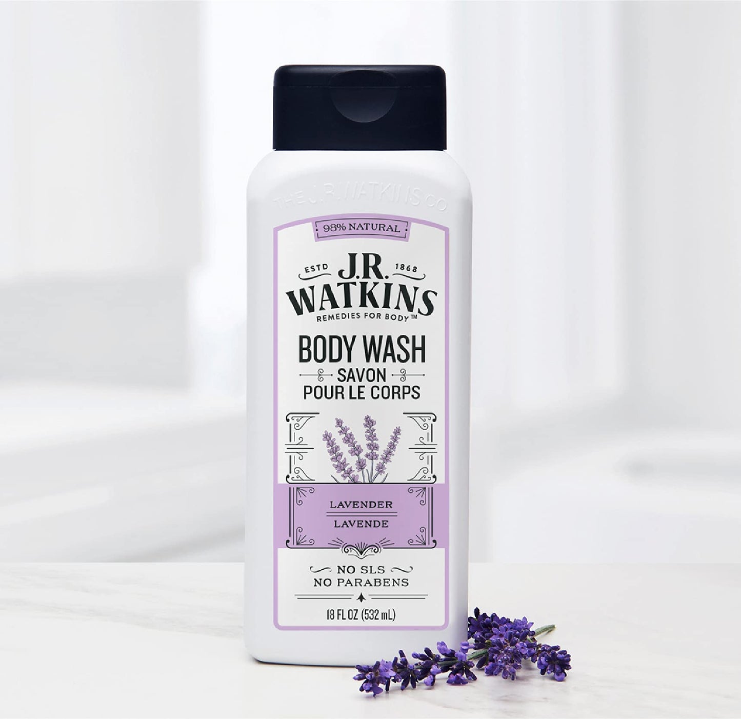 J.R. Watkins Natural Daily Moisturizing Body Wash, Hydrating Shower Gel for Men and Women, Free of SLS, Cruelty Free, Lavender, 18 fl oz, 6 Pack
