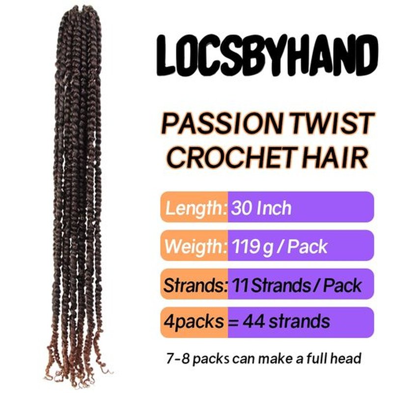 LOCSBYHAND 30 Inch Long Pre-looped/twisted Passion Twist Crochet Hair 4 Packs for Mixed-color Using (4 Packs, T30/Ombre Medium Dark Brown)