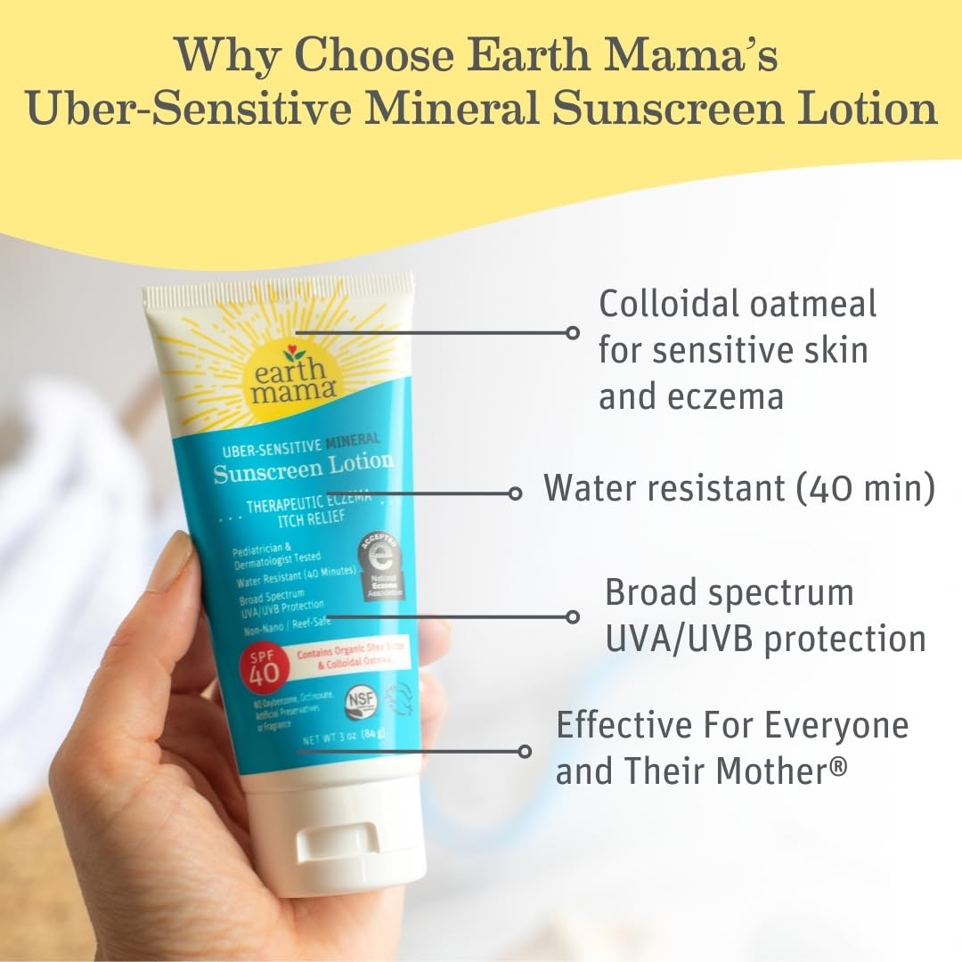 Earth Mama Uber Sensitive Mineral Sunscreen Lotion SPF 40-3oz 2pk - Non-Nano Zinc - Broad Spectrum Sunscreen for Sensitive Skin - Water Resistant Sun Protection for Babies, Kids & Adults