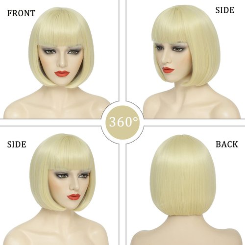 YBYMCAI Blonde Bob Wig For Women Short Blonde 613 Bob Wig With Bangs Straight Bob Bangs Wig 10 Inch Heat Resistant Synthetic Hair Natural Looking For Daily Party Use