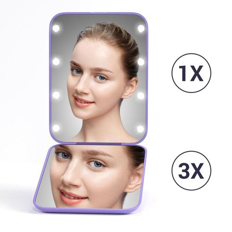 Kintion Pocket Mirror, 1X/3X Magnification LED Compact Travel Makeup Mirror with Light for Purse, 2-Sided, Portable, Folding, Handheld, Small Lighted Mirror for Gift, Purple