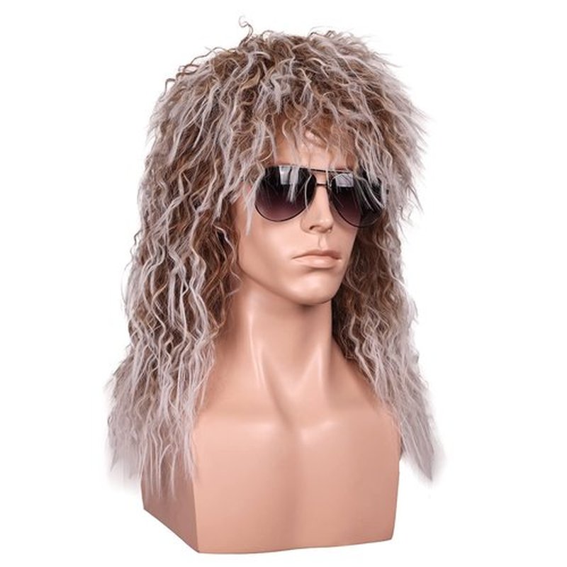 FantaLook 80S Costume Wig with SunGlass for Men Curly Brown with White Cosplay Wig for Halloween