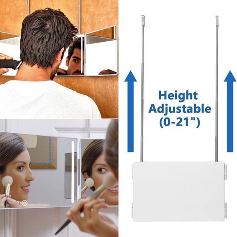 HIEEY 3 Way Mirror for Hair Cutting with LED,360 Trifold Mirror with Height Adjustable Telescoping Hooks,and 5X Magnification Mirror,for Makeup, Hair Styling (White)