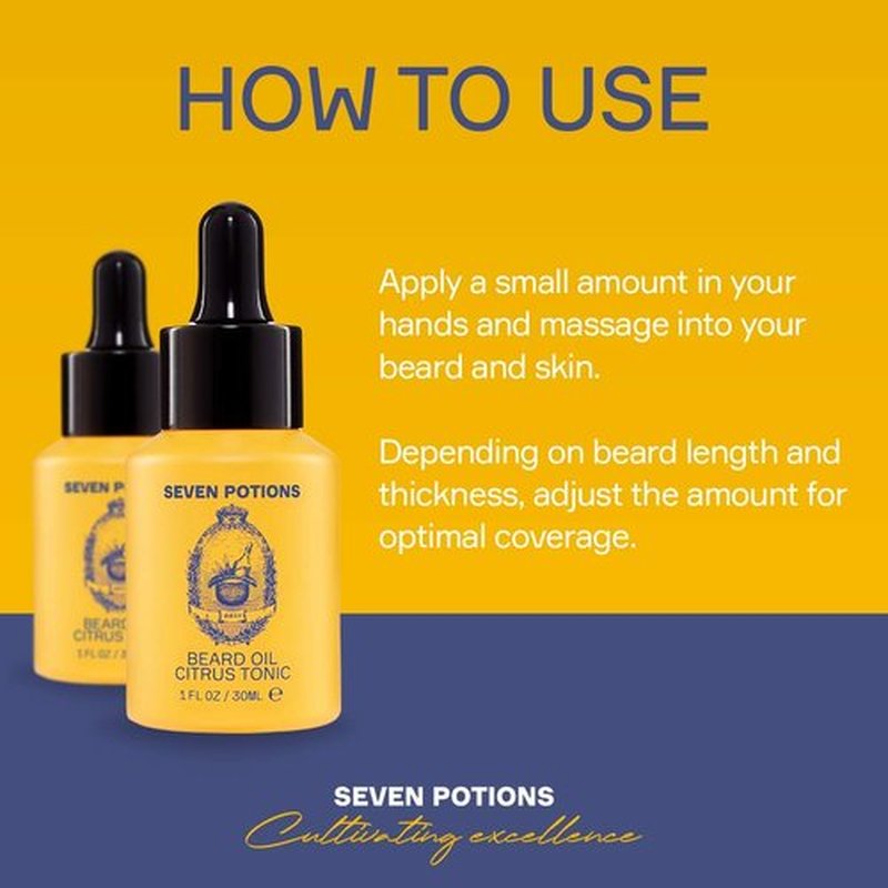 SEVEN POTIONS Beard Oil 1 fl oz Gentle Beard Softener. Stops Beard Itch. 100% Natural, Beard Conditioning Oil With Citrus Scent & Jojoba Oil (Citrus Tonic)