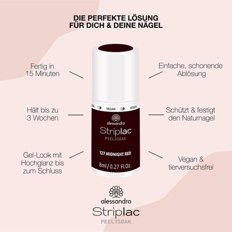 alessandro Striplac Peel or Soak Nail Polish - Long Lasting Wear - Quick Drying Time - Offers a Variety of Colors - Delivers Professional Results - Vegan - Cruelty Free - Midnight Red - 0.27 oz
