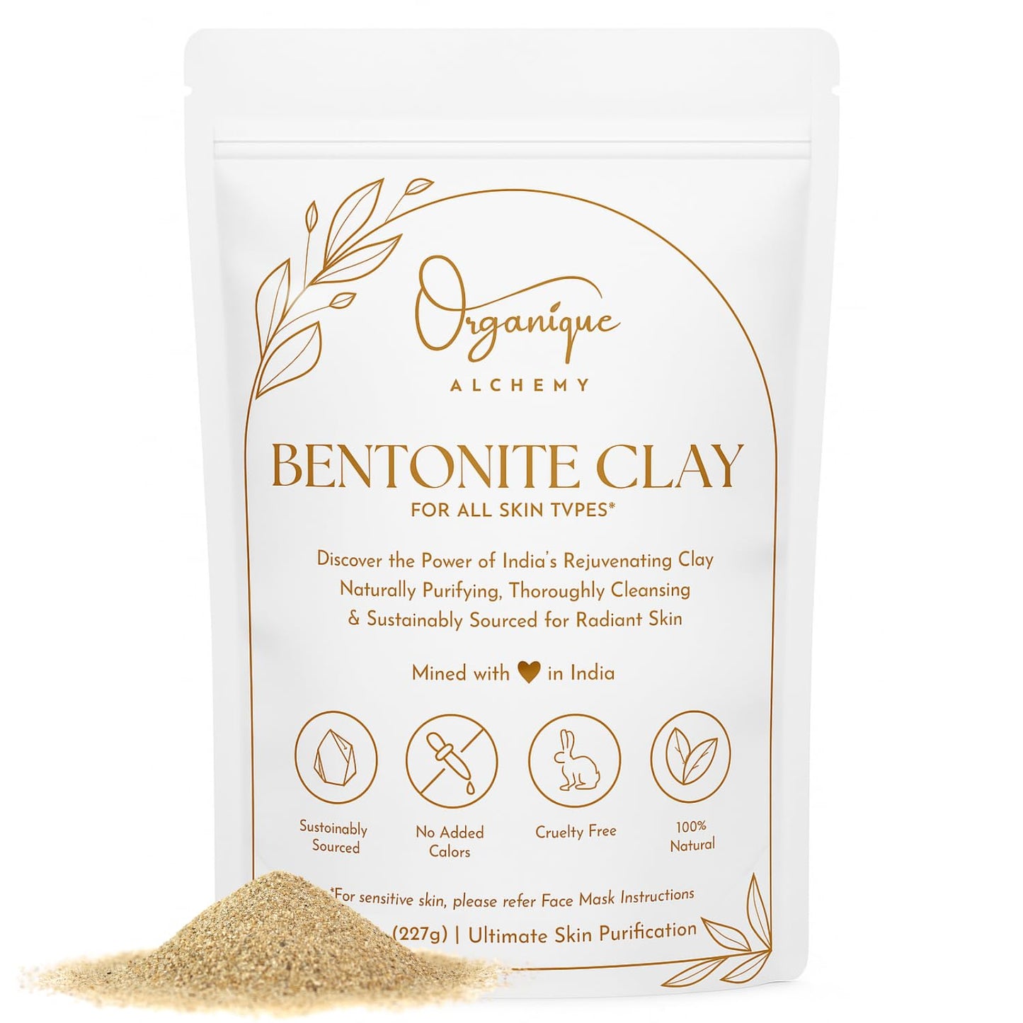 Organique Alchemy - Bentonite Clay Powder For Face, Body & Hair, Deep Pore Cleansing & Detox, Indian Healing Calcium & Sodium Clay, For Masks & Bath 8 oz (227g)