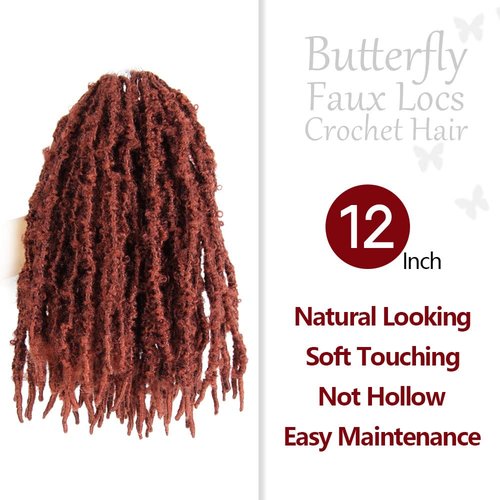NISEYO NU Short Pre-looped Butterfly Locs Crochet Hair 12 Inch 8 Packs Light Weight & Soft Distressed Locs, 350#(Ginger Red)