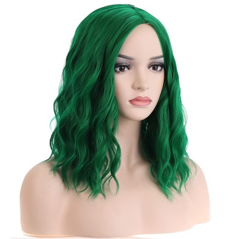 RightOn Emerald Green Wig for Women Short Curly Wig Green Bob Wig Beach Wave Wigs Shoulder Length Wig with Wig Cap